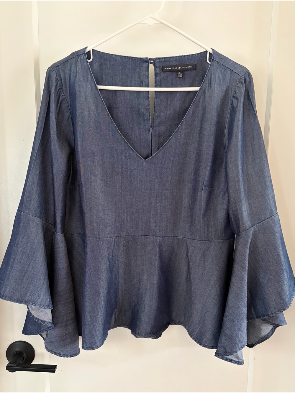 White House Black Market Indigo V-Neck Peplum Bell-Sleeve Top